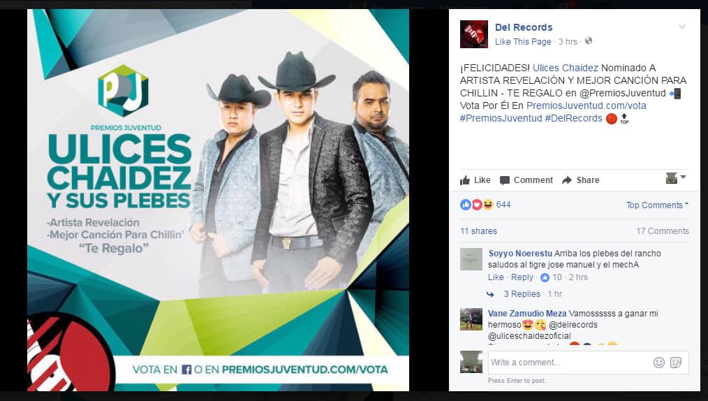 Su disquera nombró con orgullo las ternas e invitó a los seguidores a votar por Ulises y el grupo.