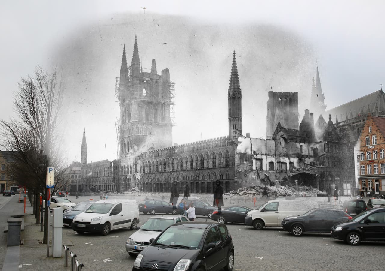 <b>Ypres, Bélgica (1915-2014). </b>Esta composición combina una imagen de la destrucción por la guerra en Ypres, Bélgica, con otra de una escena cotidiana después de un siglo.