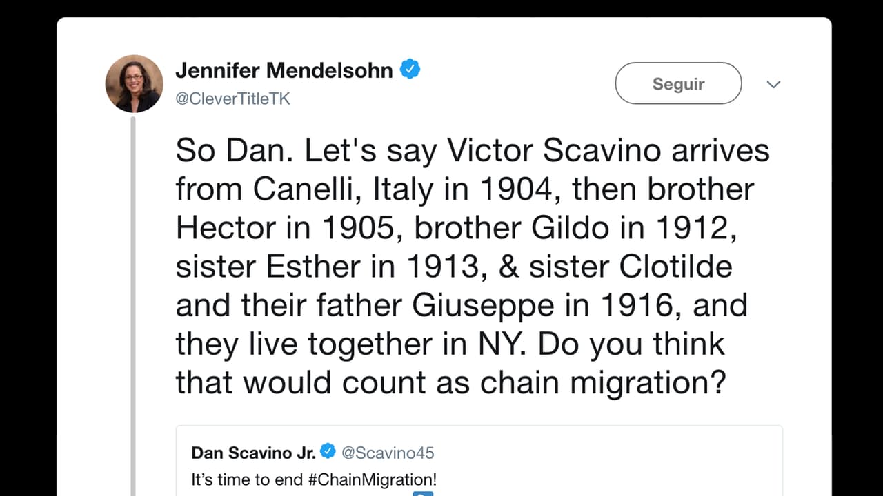 Mendelsohn indagó sobre los antepasados inmigrantes de Scavino y publicó: “Entonces Dan. Digamos que Víctor Scavino llegó de Canelli, Italia en 1904, entonces su hermano Héctor en 1905, su hermano Gildo en 1912, su hermana Esther en 1913 y su hermana Clotilde y su padre Giusseppe en 1916, y todos vivían juntos en Nueva York. ¿Crees que eso podría contar como migración en cadena?