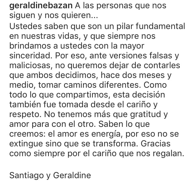 Sin embargo, dos meses después ambos compartieron este comunicado en sus redes sociales para anunciar la terminación de su noviazgo y así evitar las "versiones falsas y maliciosas".