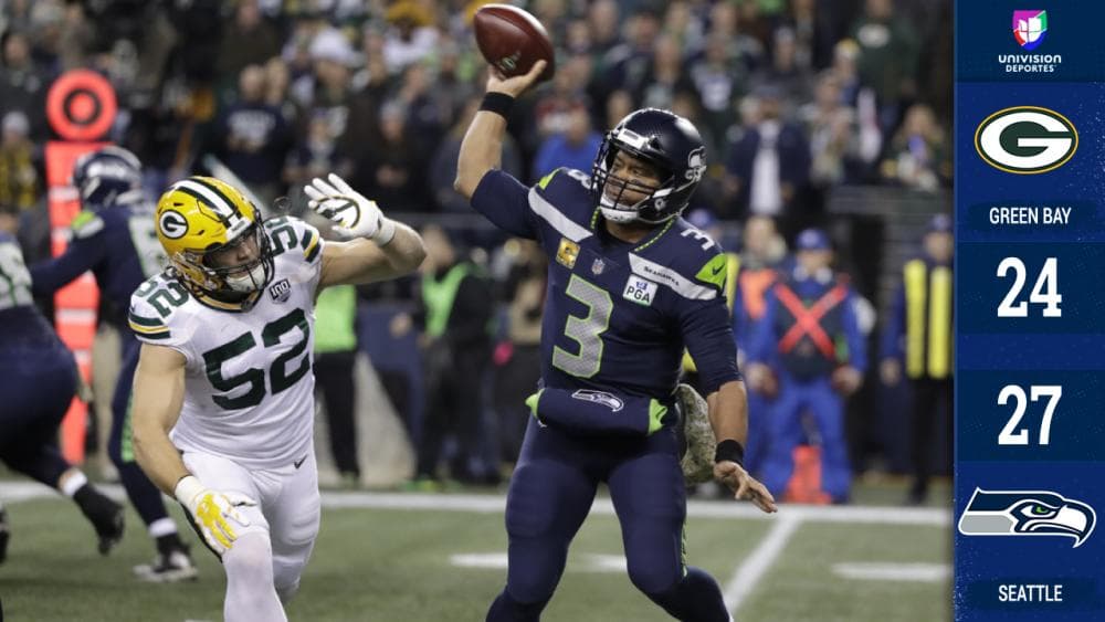 <b>Green Bay 24-27 Seattle</b>. Pese a las más de 300 yardas (332) de Aaron Rodgers, fue Russell Wilson el que tuvo la última palabra con pase de touchdown a Ed Dickson restando 5:08 en el juego para ganar.