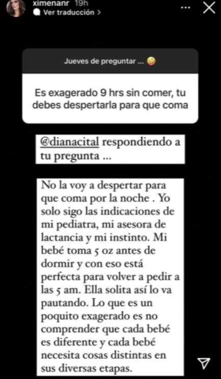 La también actriz contestó que "
<b>no la iba a despertar </b>para que coma", ya que la niña duerme sin parar por las noches: "Lo que es un poquito exagerado es no comprender que cada bebé es diferente y cada bebé necesita cosas distintas en sus diversas etapas".
<br>