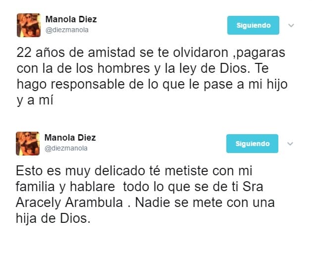 Manola señaló en su cuenta personal de Twitter que Arámbula la amenazó de muerte, por subir la fotografía donde aparecen los hijos de ambas en un partido de basquetbol.
