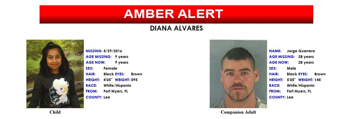 Las autoridades enviaron la alerta amber este jueves en la tarde. Se sospecha que Diana Álvarez se encuentra con Jorge Guerrero.