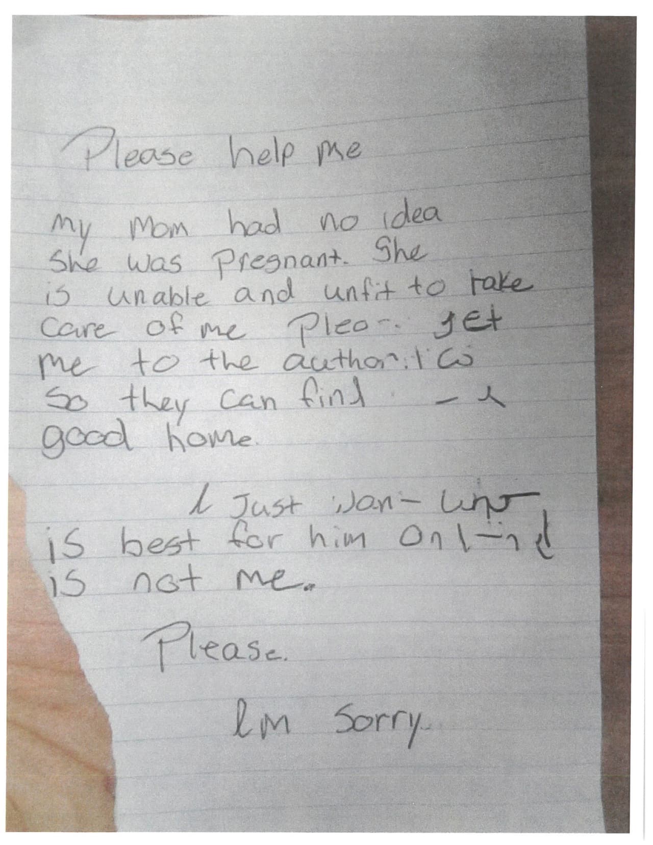 Con esta nota encontraron al bebé.