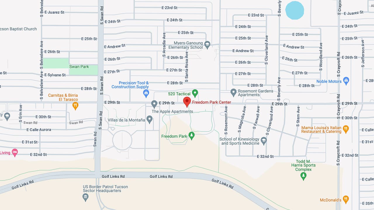 Freedom Center,
<a href="https://www.google.com/maps?ll=32.199467,-110.886089&z=16&t=m&hl=en&gl=US&mapclient=embed&cid=15512683770029841609" target="_blank">5000 E 29th Street</a>.