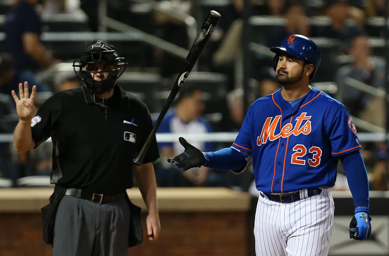 NEW YORK, NY - JUNE 10: Adrian Gonzalez #23 of the New York Mets flips his bat after striking out against the New York Yankees during the fourth inning of a game at Citi Field on June 10, 2018 in the Flushing neighborhood of the Queens borough of New York City. (Photo by Rich Schultz/Getty Images)