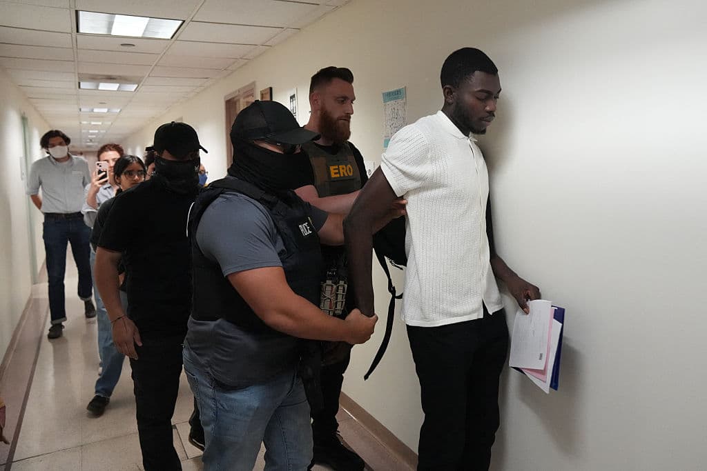 Un inmigrante no identificado es arrestado por ICE en el Federal Plaza Courthouse el 27 de junio de 2025 en Nueva York tras su audiencia. Según UC Berkeley, las detenciones han crecido en 38 estados, con operaciones anónimas de ICE generando controversia. (Foto por Bryan R. SMITH/AFP via Getty Images)
<br>