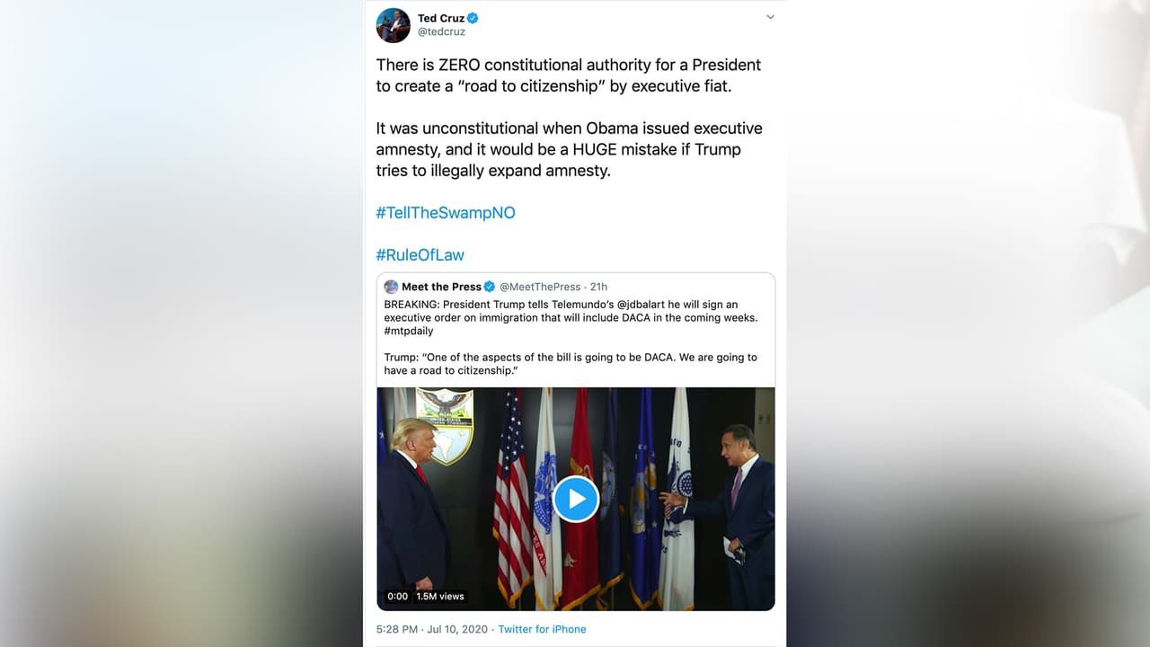 "Existe cero
<b><a href="https://www.univision.com/noticias/inmigracion/por-que-trump-no-puede-reformar-el-sistema-migratorio-por-decreto-y-sin-el-congreso-explicacion-de-expertos-y-activistas">autoridad constitucional</a></b> para que el presidente ofrezca un camino a la ciudadanía por mandato ejecutivo", indica el mensaje.