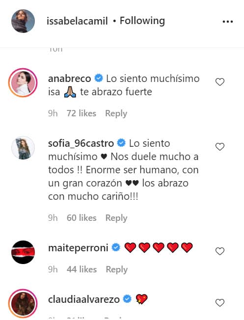 Algunas famosas como Ana Brenda Contreras, Sofía Castro, Maite Perroni y Claudia Álvarez le dejaron mensajes de apoyo y acogieron con el corazón a Issabela Camil en la publicación que hizo la madrugada de este lunes 7 de diciembre.