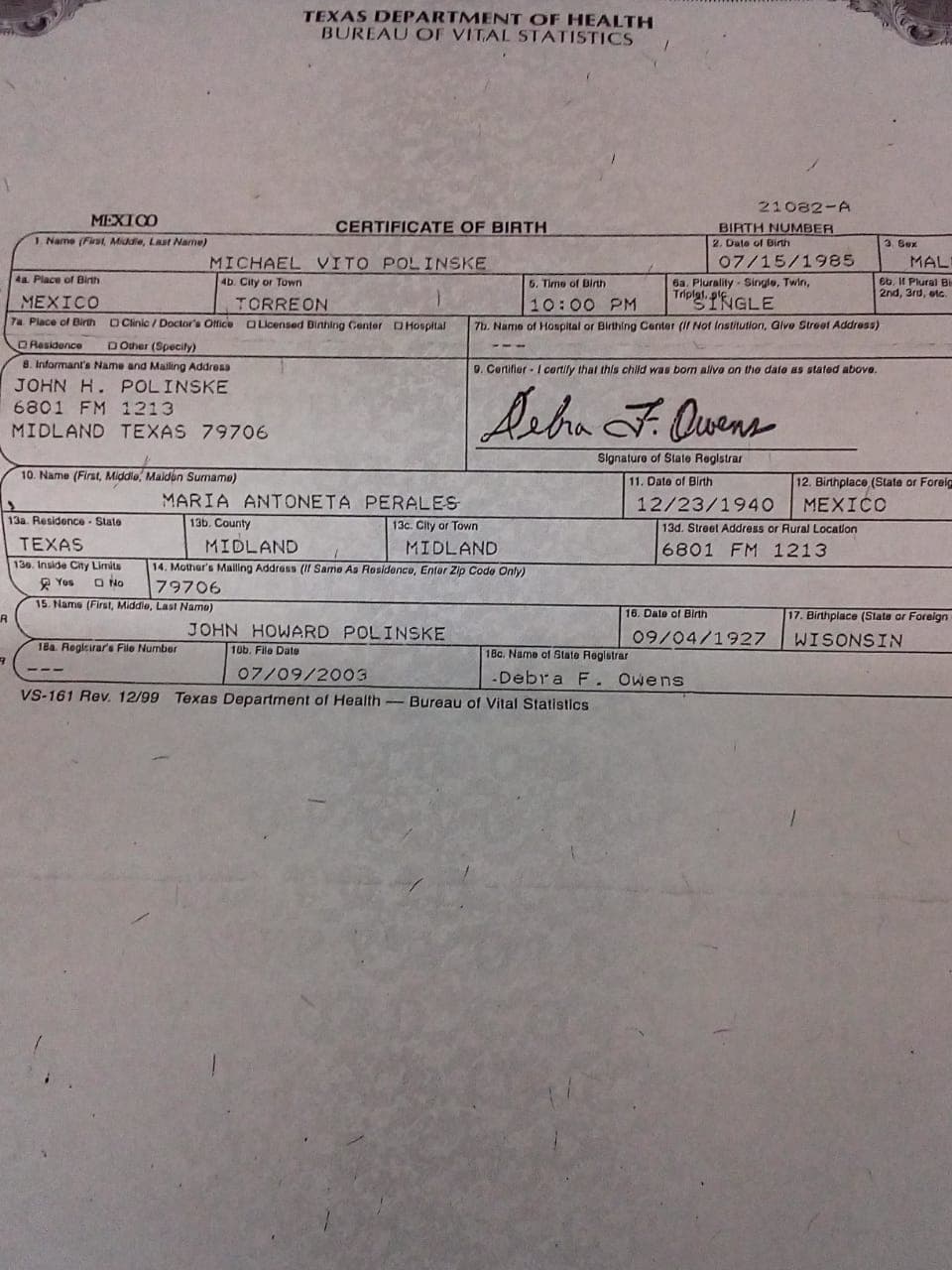 El certificado de nacimiento de Michael Polinske de Texas.