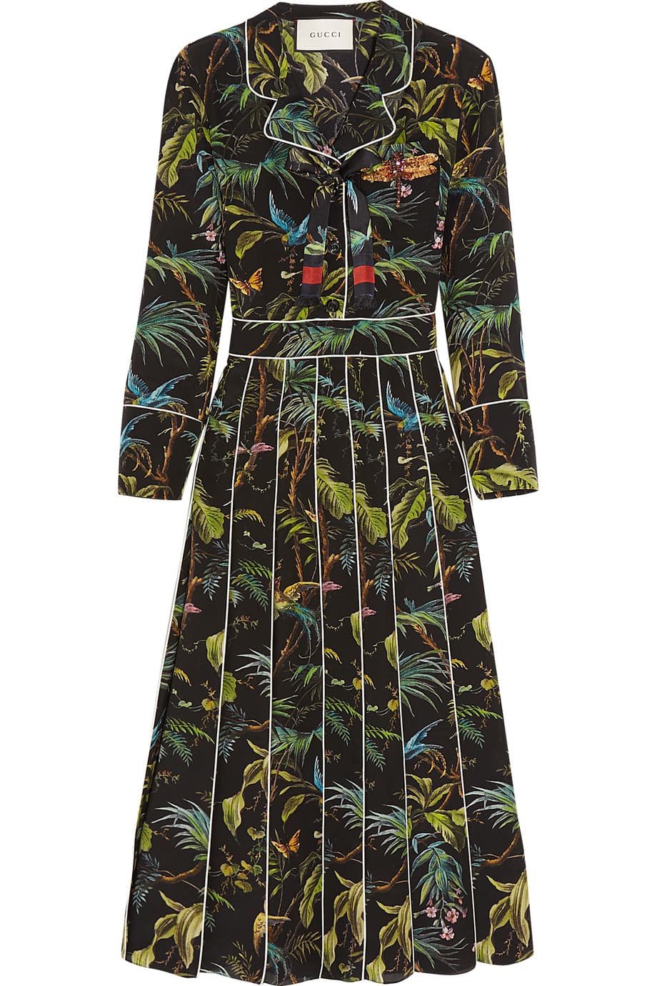 Aunque ya no es verano, los estampados botánicos y florales aún se imponen de la mano de tonos más oscuros. Busca un vestido de tablones y corte a la cintura como este de la colección Pre-Fall 16 de Gucci inspirado en una villa de Pompeya.