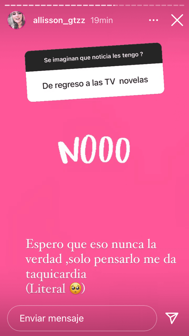 Pero ella respondió con franqueza que 
<b><a href="https://www.univision.com/famosos/que-ha-sido-de-allisson-lozz-a-11-anos-de-su-retiro-de-las-telenovelas-fotos" target="_blank">espera que "eso nunca" suceda</a></b> y que de solo pensarlo le provocaba "taquicardia (literal)". 
<br>