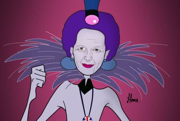 Aquí la fallecida Margaret Thatcher como Yzma de Las Locuras del Emperador. Cortesía de Saint Hoax.