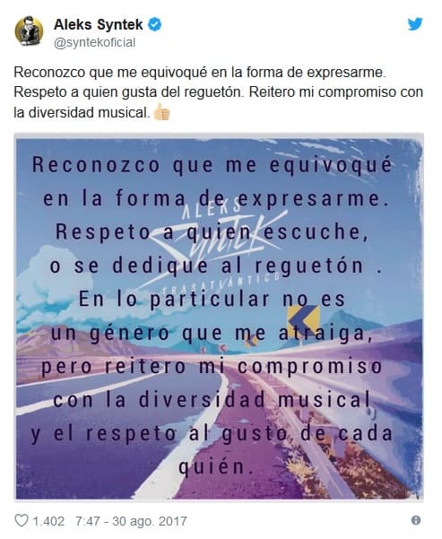 Después de sus declaraciones en el show de Adela Micha, Syntek también recibió críticas de varios usuarios de redes sociales. Ante ello, en su cuenta de 
<b><a href="https://twitter.com/syntekoficial" target="_blank">Twitter </a></b> trató de explicar lo que en realidad pensaba sobre el reggaeton: "
<b>En lo particular no es un género que me atraiga</b>, pero reitero mi compromiso con la diversidad musical", escribió el 30 de agosto de 2017.