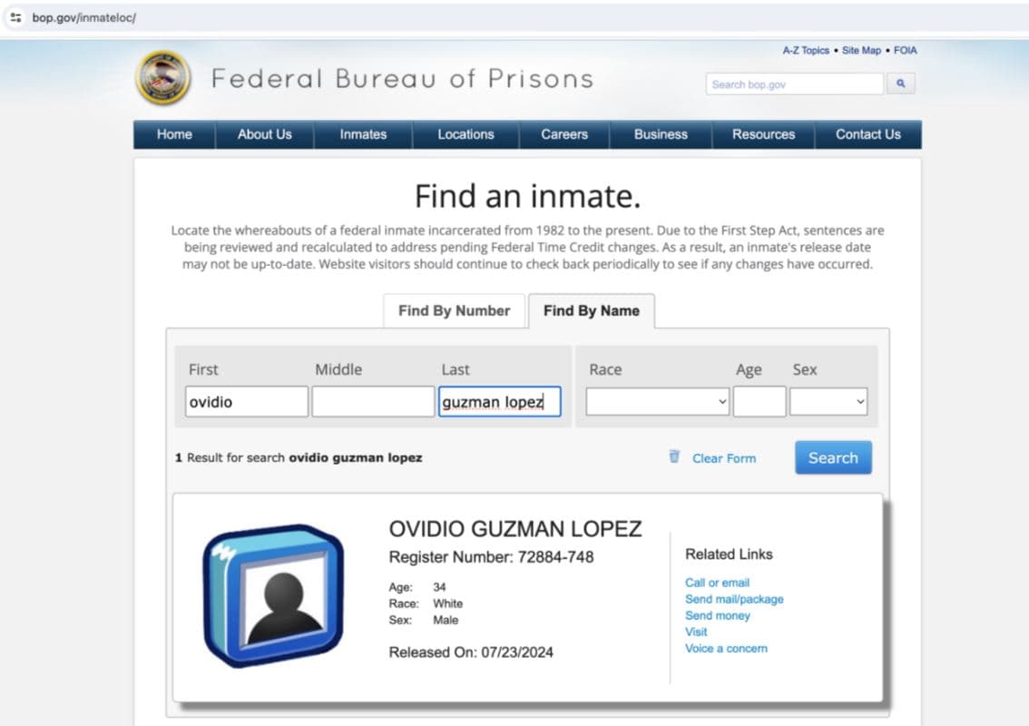 Ovidio Guzmán López, el hijo de 'el Chapo' extraditado a EEUU, no aparece más bajo custodia del Buró Federal de Prisiones