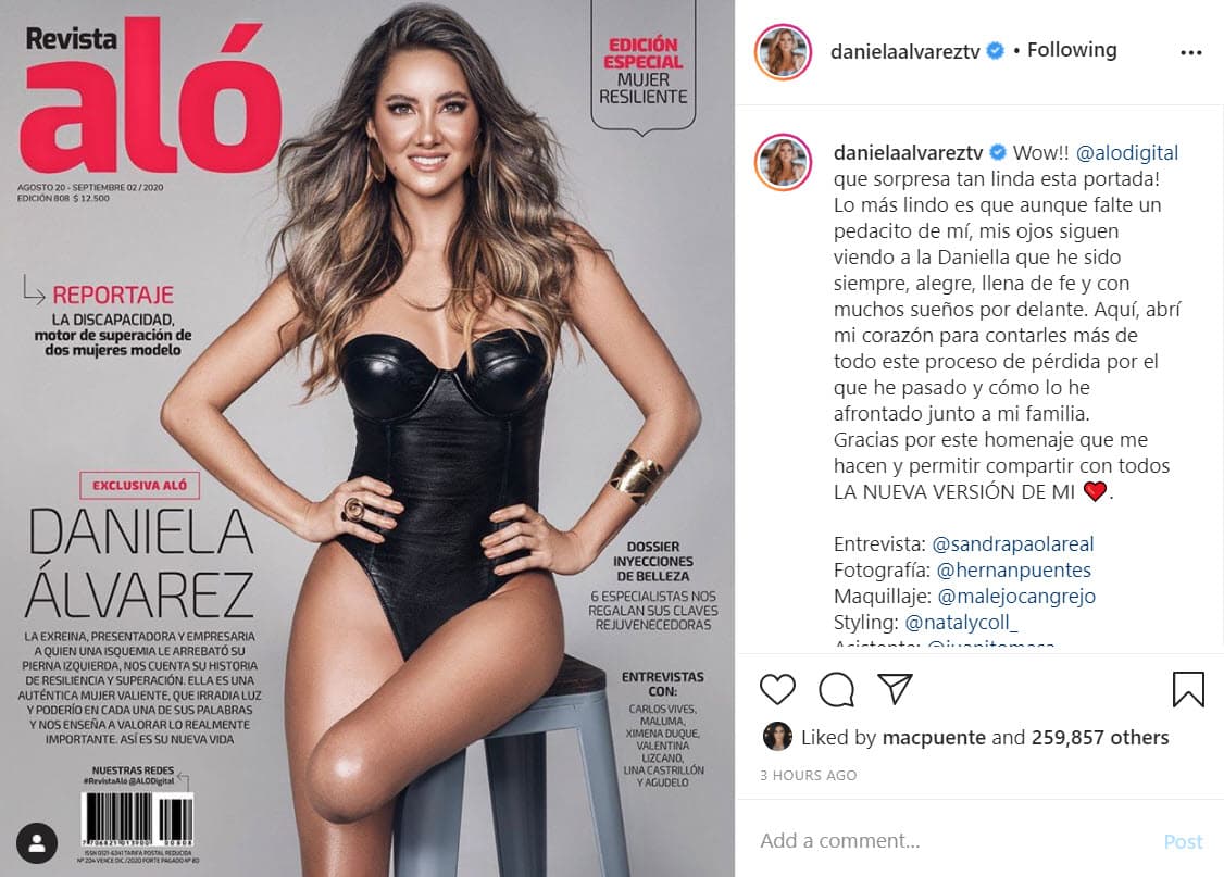 Este 20 de agosto Daniella compartió con sus seguidores que es 
<b>portada</b> de la reciente edición de la revista colombiana Aló.
<br>