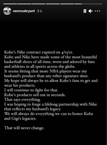 "Kobe y Nike han fabricado algunos de los zapatos de baloncesto más hermosos de todos los tiempos, usados y adorados por fanáticos y atletas de todos los deportes en todo el mundo”, escribió la viuda.