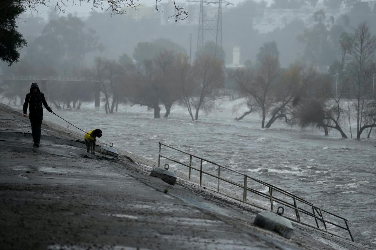 Un hombre pasea a su perro por una de las riberas del río Los Ángeles.