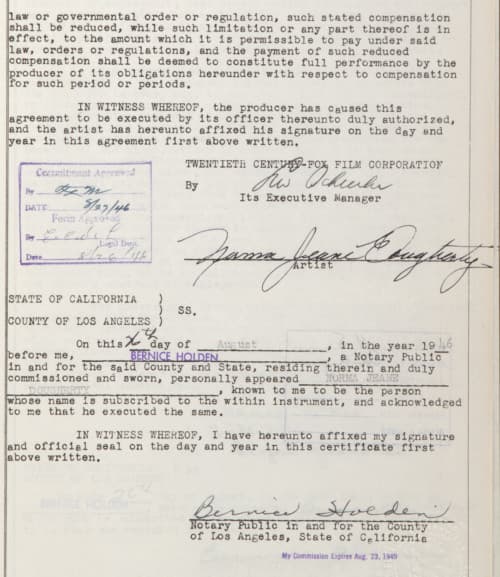 Contrato de 17 páginas firmado en 1946 entre Twentieth Century-Fox Film Corporation y Norma Jeane Dougherty, mejor conocida como Marilyn Monroe. Valor en subasta: entre $8,000 y $12,000.