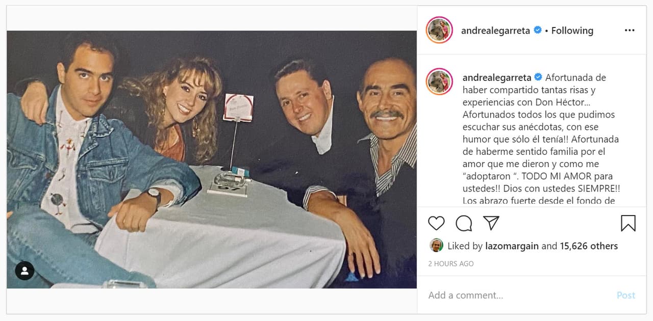 <b>Andrea Legarreta</b> es gran amiga de Héctor Suárez Gomís, por lo que pudo convivir con su padre: "Afortunada de haberme sentido familia por el amor que me dieron y como me 'adoptaron'. Todo mi amor para ustedes", escribió la conductora de Hoy en Instagram.