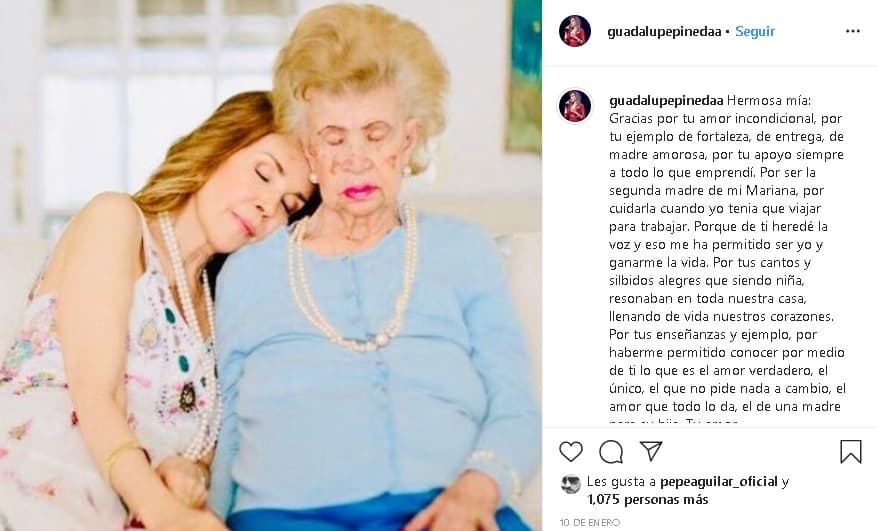 "
<b><a href="https://www.univision.com/especiales/latin-grammy/guadalupe-pineda-dedica-premio-a-la-excelencia-de-latin-grammy-al-pueblo-de-mexico" target="_blank">De ti heredé la voz</a></b> y eso me ha permitido ser yo y ganarme la vida", escribió la cantante 
<b><a href="https://www.instagram.com/p/B7KZNM8gcRI/" target="_blank">en Instagram</a></b> un día después de la muerte de su progenitora. 
<br>