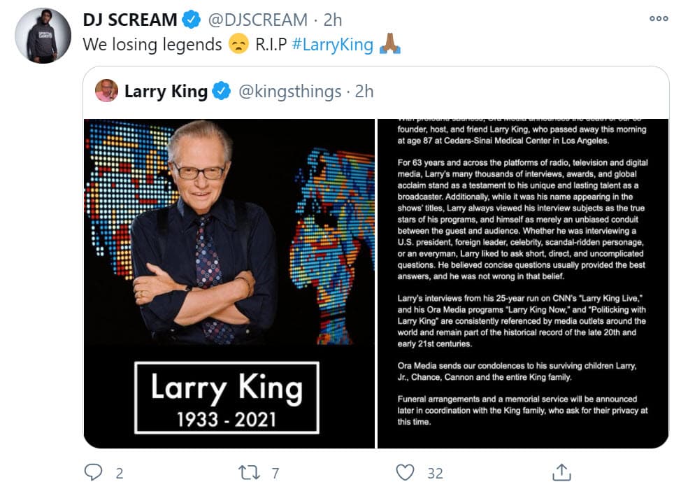 <b>DJ Scream</b> también lamentó la muerte del presentador: "Estamos perdiendo leyendas. Descanse en paz Larry King".
<br>