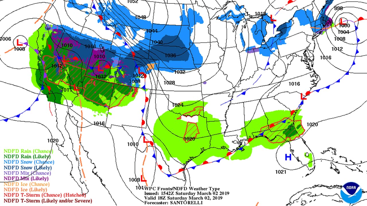 En verde se muestran las zonas que se verán afectadas este sábado por lluvia y en azul por nieve, según el Servicio Nacional del Clima.