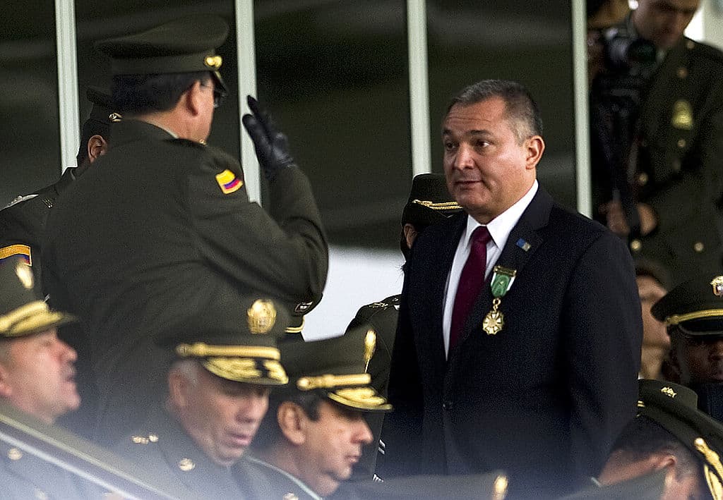 Mexican Secretary of Public Safety Genaro Garcia Luna (R) attends the celebration ceremony at a Police Cadet school in Bogota, Colombia on May 19, 2011.