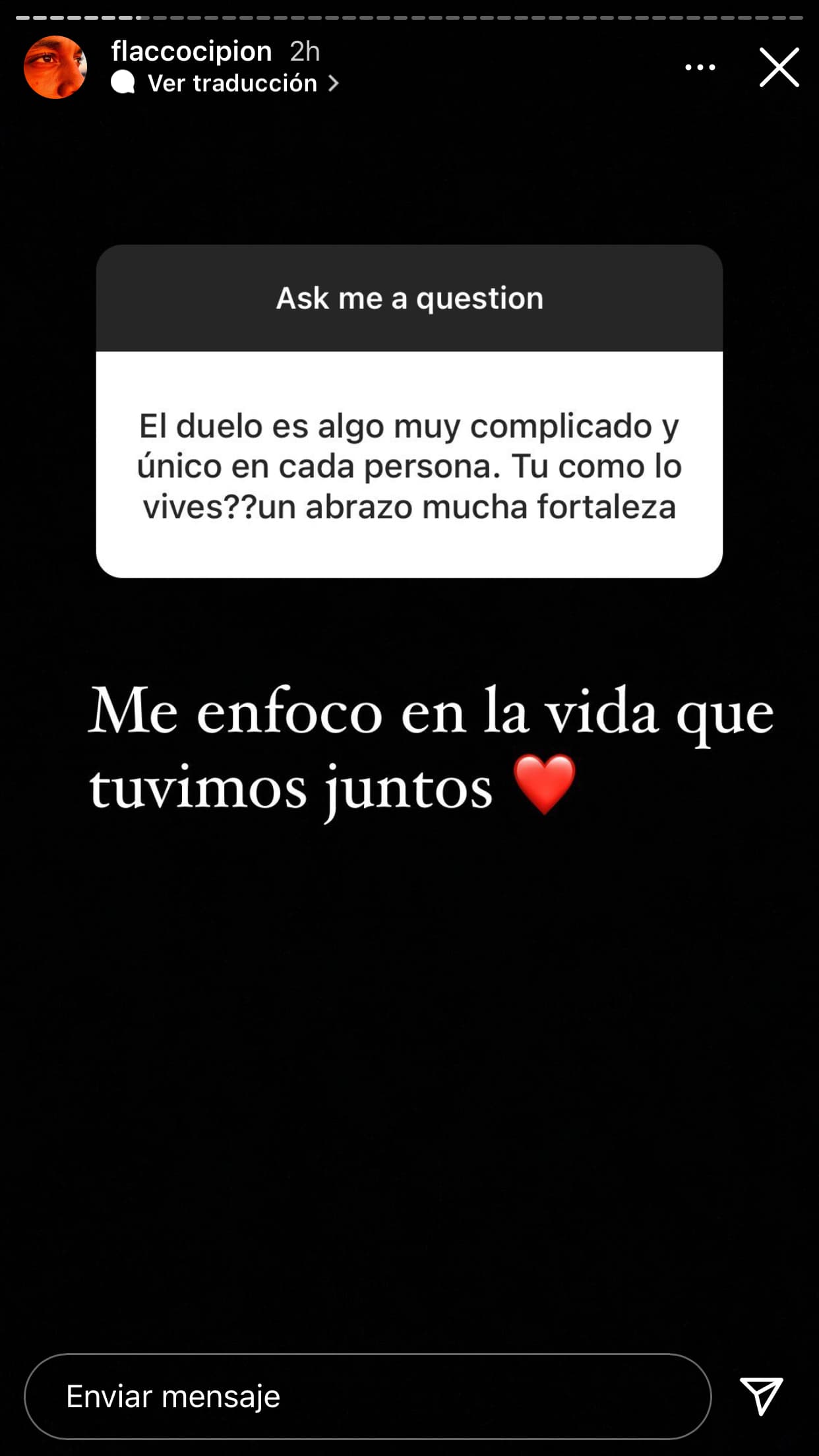 Otros quisieron saber cómo lleva el duelo y él compartió que, por ahora, se "enfoca en
<b><a href="https://www.univision.com/famosos/daniela-rodriguez-darwin-cipion-amor-muerte-fotos" target="_blank"> la vida que tuvo</a></b>" con 'Dany' Rodríguez, con quien después del 'flechazo' en 
<b>Enamorándonos</b> vivió un romance a distancia debido a la pandemia.
<br>