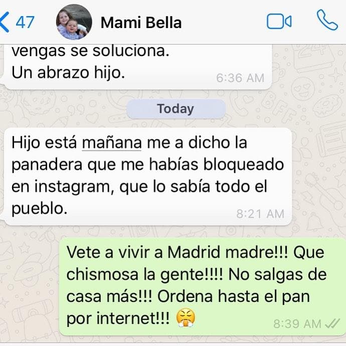 "Hijo, me ha dicho la panadera que me habías bloqueado en Instagram, que lo sabía todo el pueblo", se lee en un mensaje que el colaborador de El Gordo y La Flaca compartió el 3 de diciembre.