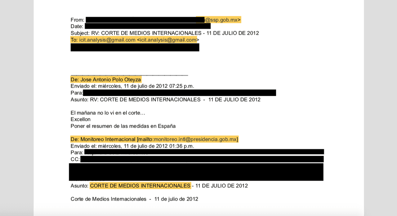 Este correo es parte de una cadena en la que se reenviaba a Icit la síntesis informativa de la Presidencia de México.