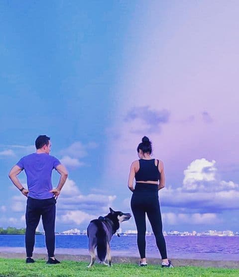 Carlos Calderón y su novia Vanessa Lyon gozaron del paisaje junto a su mascota. El mexicano destacó "el cielo de Miami mitad azul mitad rosa…" y lo relacionó con la incógnita sobre el sexo de su primer hijo que viene en camino.