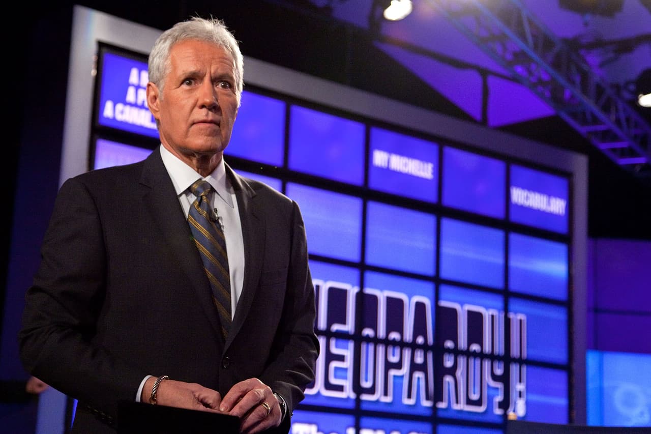 YORKTOWN HEIGHTS, NY - JANUARY 13: Host of "Jeopardy!" Alex Trebek attends a press conference to discuss the upcoming Man V. Machine "Jeopardy!" competition at the IBM T.J. Watson Research Center on January 13, 2011 in Yorktown Heights, New York. (Photo by Ben Hider/Getty Images)