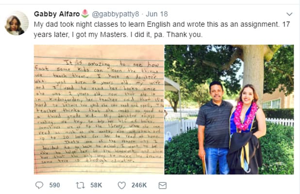 Este pasado 18 de junio en honor al Día de los Padres y un día luego de recibir su maestría, Gabby publicó un mensaje en Twitter en el cual agredeció la labor de su papá. "Lo hice, pa. Gracias", indica el tuit. El mensaje además incluye una imagen de una carta que escribió Carlos hace 17 años cuando estudiaba inglés.