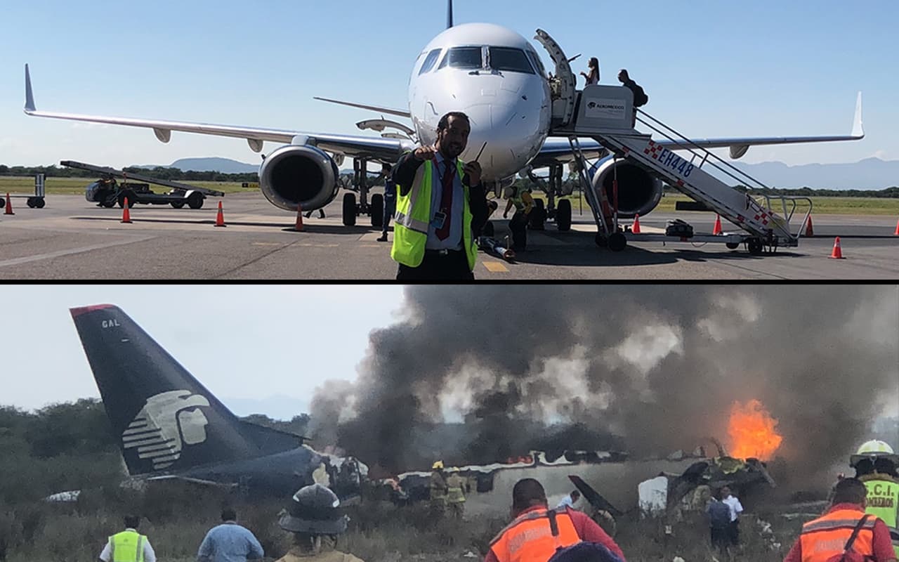 Imágenes del avión de Aeroméxico antes del despegue y luego del accidente.