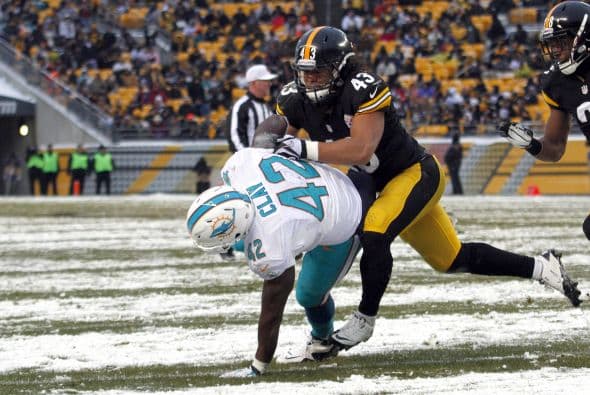 Los fanáticos de los Dolphins ya no hablan de la controversia Incognito/Martin, ni si Ireland o Philbin estarán con el equipo en el 2014, sino que pasan horas calculando… ¡porque tenemos chance de ir a los playoffs! Al principio de la temporada, y sobre todo, después de perder -casi deshonrosamente- contra Tampa Bay y Buffalo, los comentarios sobre Miami eran negativos. Qué si las novatadas, qué si Tannenhill, qué si el running game, qué si la línea ofensiva, que si… qué se yo… Pero ahora, las cosas han cambiado y solo se mencionan las posibilidades que tenemos de jugar en enero. ¡Ay, bendito! Bueno, después de este encontronazo con los portadores de las terribles toallas amarillas, donde salimos vencedores … por media pulgada… 34-28, ya todo me parece posible. Arriba Tannenhill (20 de 33, para 200 yds); arriba Wake and Odrich; arriba Thomas (105 yds, un TD en 16 acarreos); arriba Clay con sus dos TD y arriba Philbin, que mantiene el invicto en la revisión de las jugadas (obtuvo el cambio de “incomplete pass” a TD de Hartline). ¡Arriba, Dolphins, seguimos cuesta arriba!