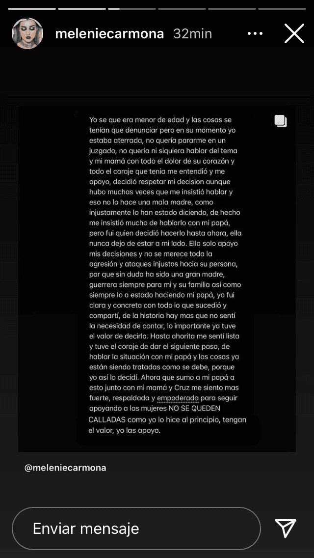 Melenie reiteró que siempre tuvo el apoyo de sus padres y aclaró que 
<b>su "mamá nunca la obligó a nada".</b>
<br>