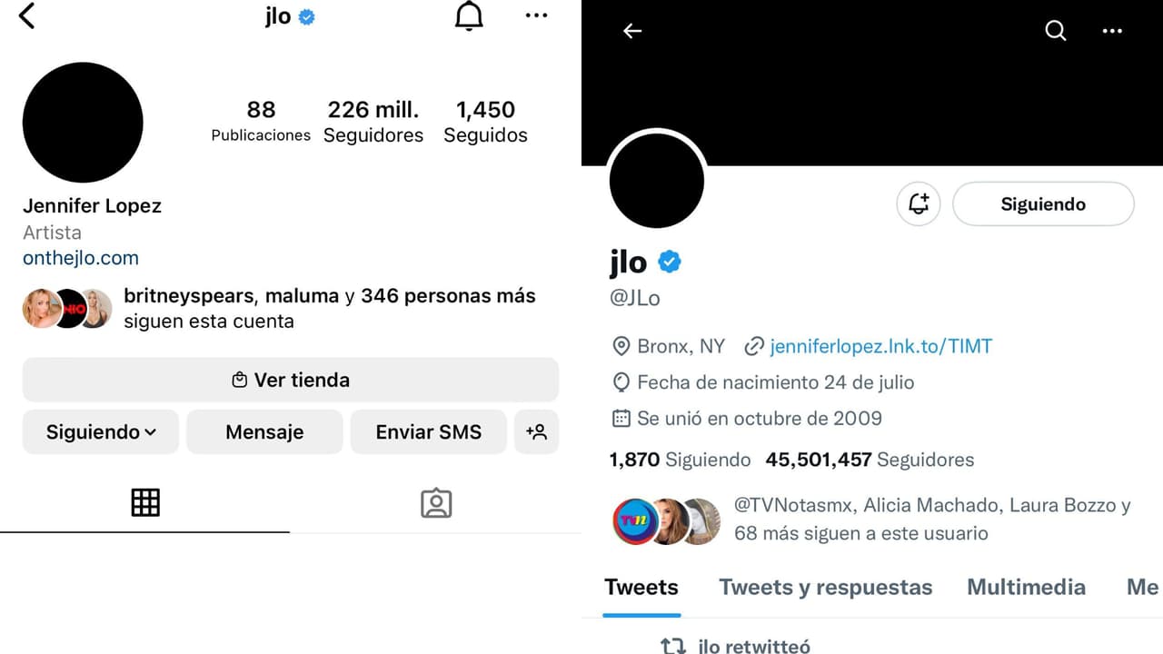 Jennifer López apareció con una foto de perfil negra tanto en Instagram como en Twitter.