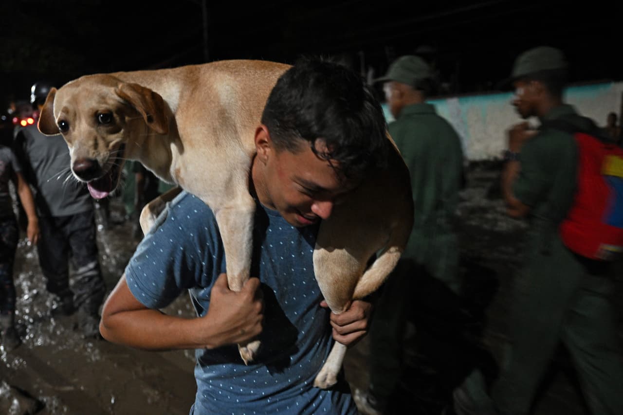 En el caso de El Castaño, imágenes transmitidas por la televisión captaron corrientes fuera de control que 
<b>arrastraban vehículos, árboles y enormes rocas. </b>Este hombre carga a su perro sobre los hombros luego de que su casa fuera inundada por el alud.
<br>