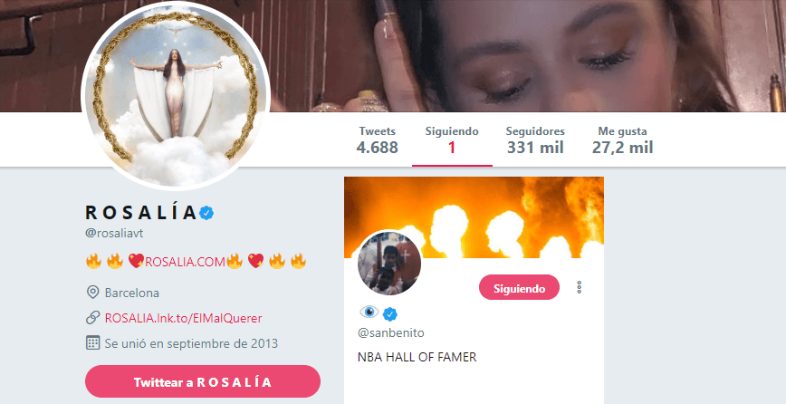 Resulta que Rosalía sigue a una única persona en su cuenta de Twitter: Bad Bunny/Benito Martínez.