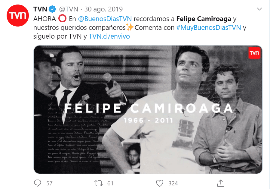 Sin embargo, Felipe Camiroaga falleció el 2 de septiembre de 2011 en un accidente aéreo ocurrido en el archipiélago Juan Fernández, a los 44 años.