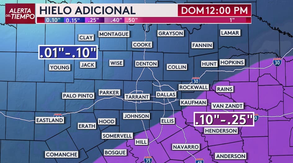 Con el paso de este potente frente frío, se esperan 
<b>acumulaciones adicionales de aguanieve entre 1 y 2 pulgada</b>s en gran parte del Metroplex. Esto porque pasaremos de lluvia gélida con 
<b>una mezcla de nieve y aguanieve </b>durante la madrugada del sábado y hasta la mañana del domingo.