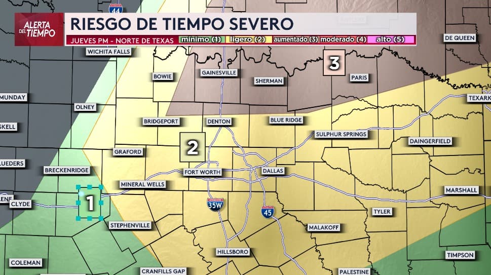 El riesgo de tiempo severo 
<b>aumentó a dos, dentro de una escala de cinco, abarcando el Metroplex y se extiende al este de la región</b>, incluyendo a 
<b>las ciudades de Tyler, Sulphur Springs y Marshall</b>.