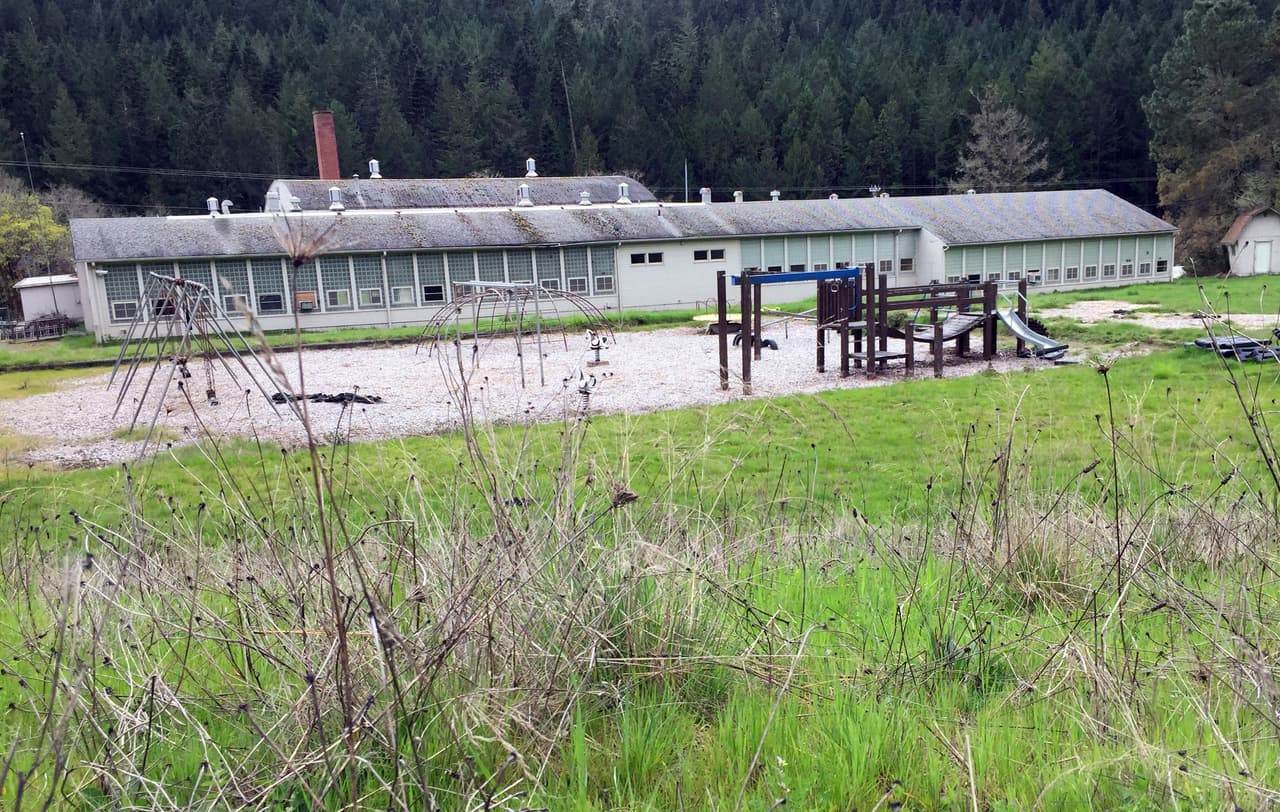 Esta es la escuela primaria Tiller, ubicada en el centro del pueblo, abandonada y rodeada de malezas. Si el comprador quiere quedarse con la escuela, la suma asciende a 3.85 millones de dólares, aunque también 
<b><a href="http://www.oregonlive.com/hg/index.ssf/2017/03/now_you_can_own_an_entire_sout.html" target="_blank">se puede adquirir la escuela primaria por separado</a></b> por 350,000 dólares.