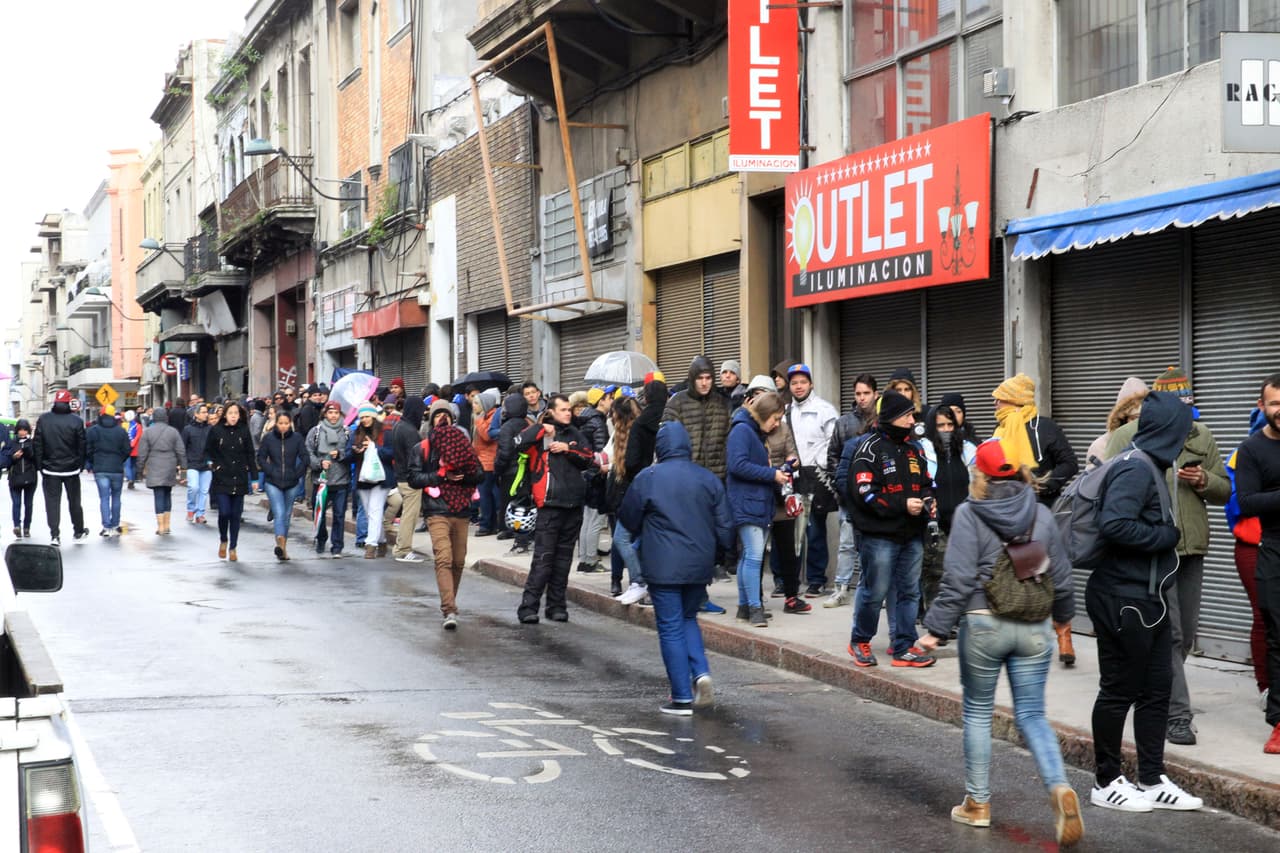 A long line of Venezuelans wait their turn to vote in Montevideo, Uruguay.