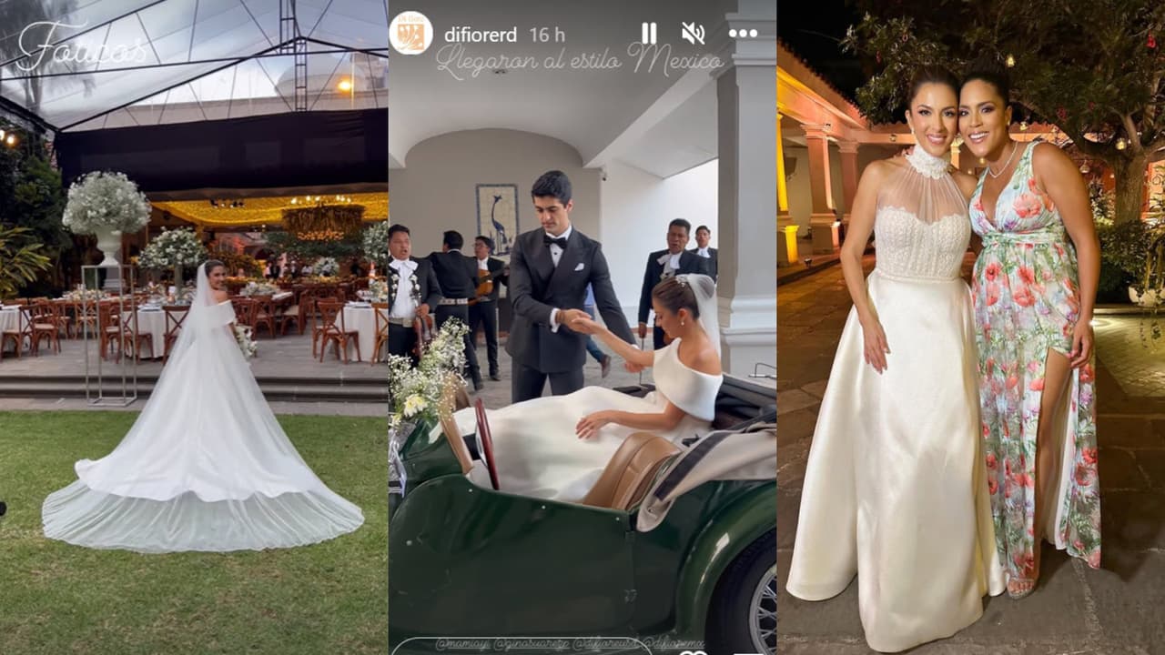 El vestido de Maity Interiano era uno al inicio de la ceremonia y fiesta y fue otro en la fiesta (derecha).