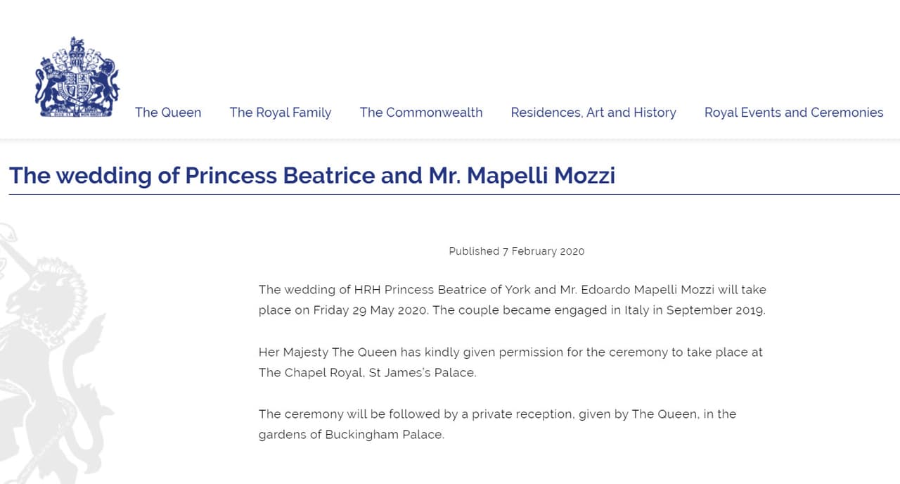 La misa será celebrada en la
<b><a href="https://www.univision.com/famosos/por-su-personalidad-y-una-polemica-la-boda-de-la-princesa-beatrice-no-sera-ni-la-sombra-de-la-de-su-hermana-fotos">capilla real del palacio de St. James</a></b> y la recepción "en los jardines del palacio de Buckingham", detalla el comunicado oficial.
<br>