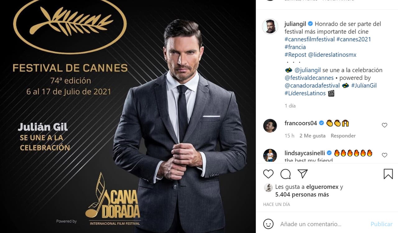 El actor fue invitado especial en mancuerna con Cana Dorada Film Festival para apoyar a la industria cinematográfica. "Vamos a fomentar el cine y hacer posible una de las expresiones más representativas de nuestra riqueza cultural", mencionó a People en Español este martes 6 de julio,
<b><a href="https://peopleenespanol.com/cine/julian-gil-esta-en-el-festival-de-cannes/" target="_blank">"estoy feliz por la invitación". </a></b>
<br>