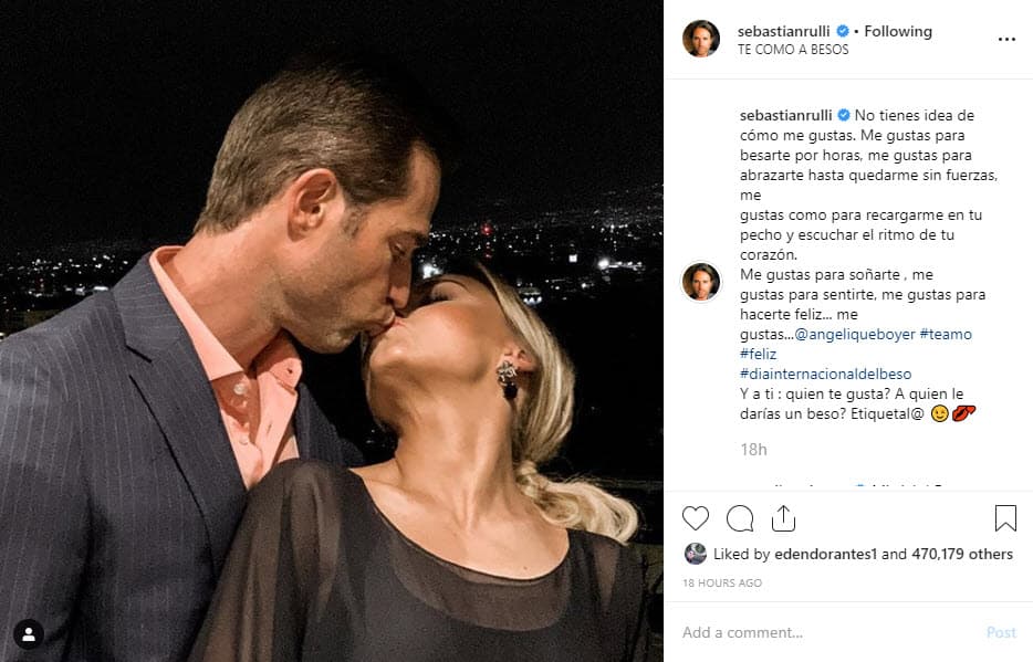 Con esta imagen en Instagram, el actor le reiteró cuanto la quiere y confesó las cosas que le gustaría hacer con ella: "No tienes idea de cómo me gustas. Me gustas para besarte por horas, me gustas para abrazarte hasta quedarme sin fuerzas, me gustas como para recargarme en tu pecho y escuchar el ritmo de tu corazón. Me gustas para soñarte, me gustas para sentirte, me gustas para hacerte feliz... me gustas... @angeliqueboyer Te amo. Feliz Día Internacional del Beso".